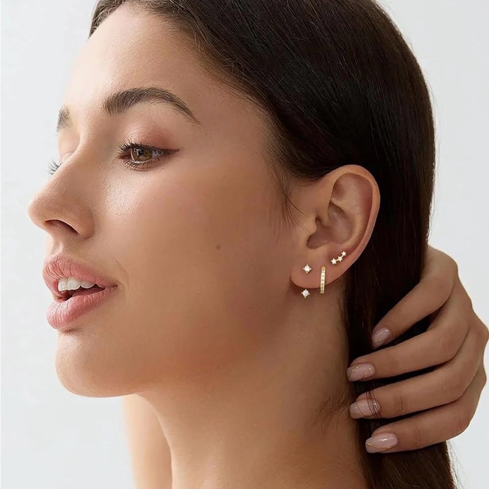 14K Gold Plated Stud Earring Set | Zircon Huggie Ear Jacket Climber Trio